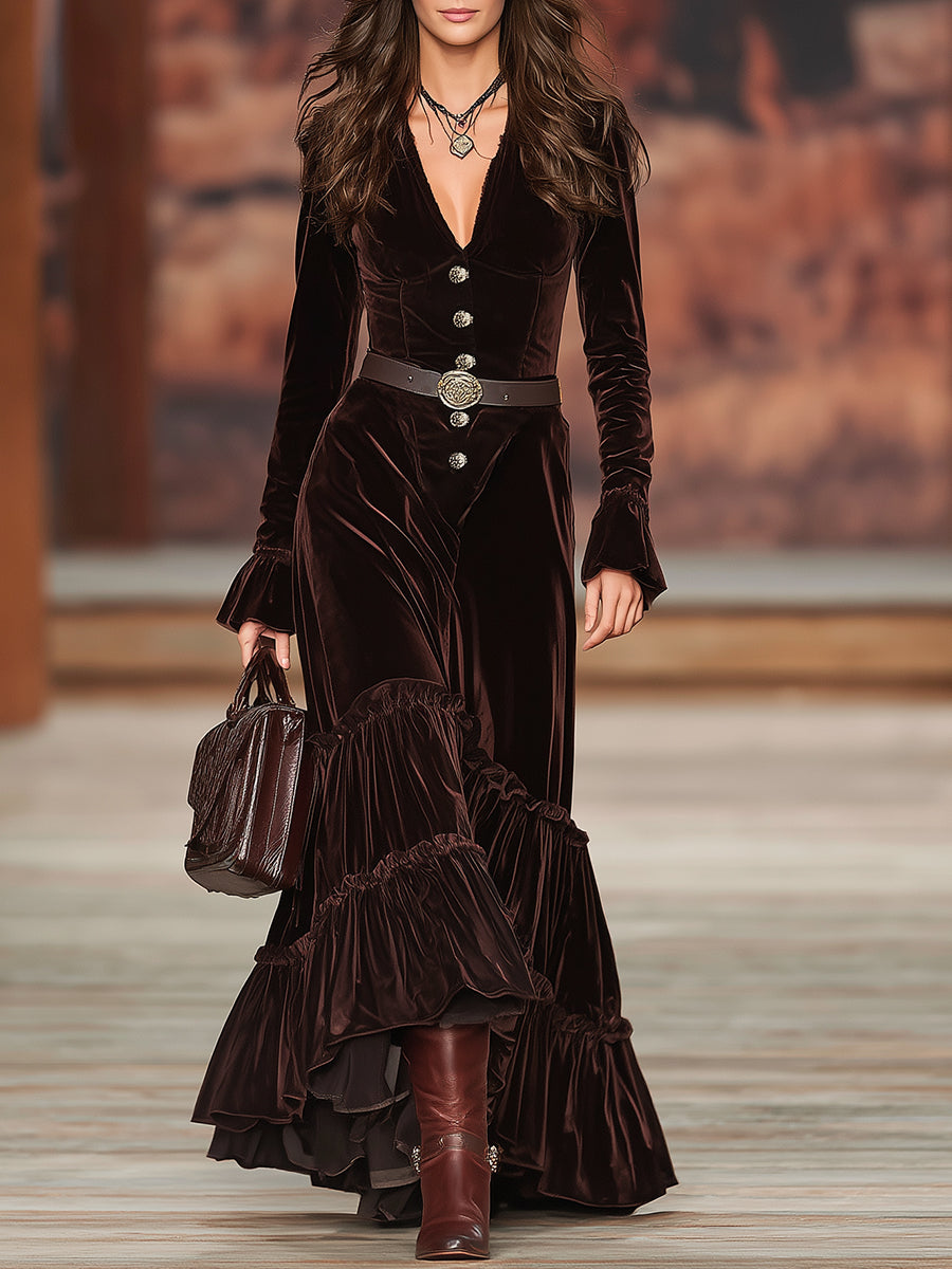 Western Brown V-neck Button-down Ruffle Maxi Dress