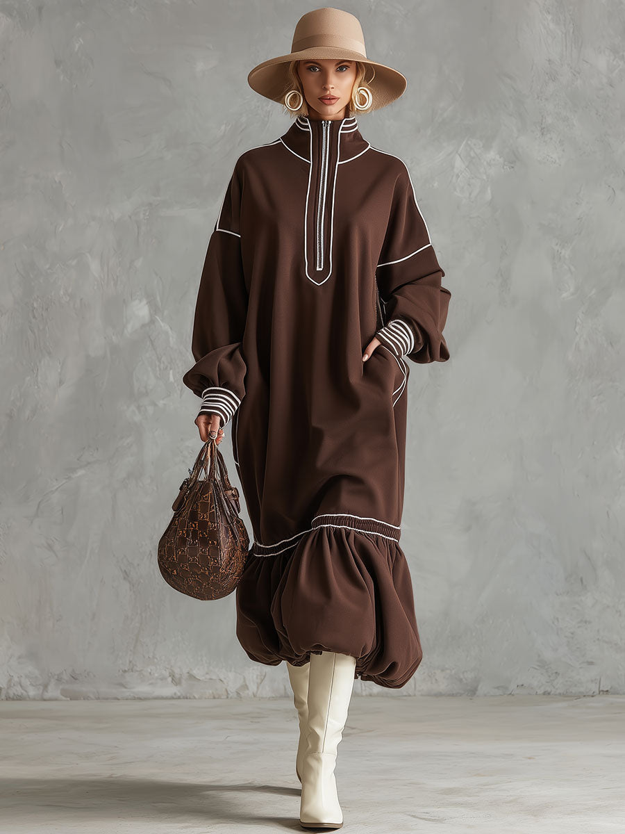 Stylish Sporty White-trimmed Brown Midi Dress