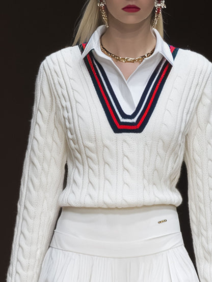 Sporty Retro Striped White Cable Knit Sweater And Pleated Skirt Set