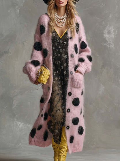 Vintage Fashion Lazy Front Button Black Polka Dot Pink Imitation Rabbit Fur Knitted Long-sleeved Cardigan