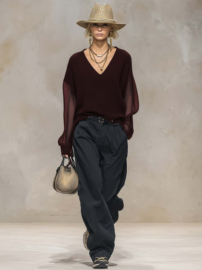 Breathable And Casual Comfortable V-neck Transparent Long-sleeved Black Knitted Blouse Top