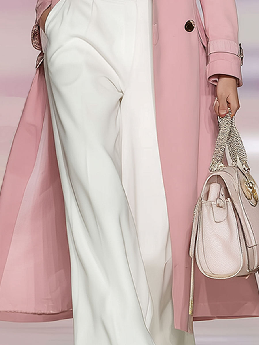 Stylish And Elegant Pink Double-breasted Long Trench Coat