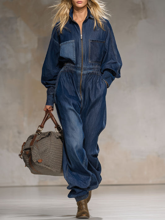 Retro-style Collared Multi-pocket Zippered Denim Jumpsuit