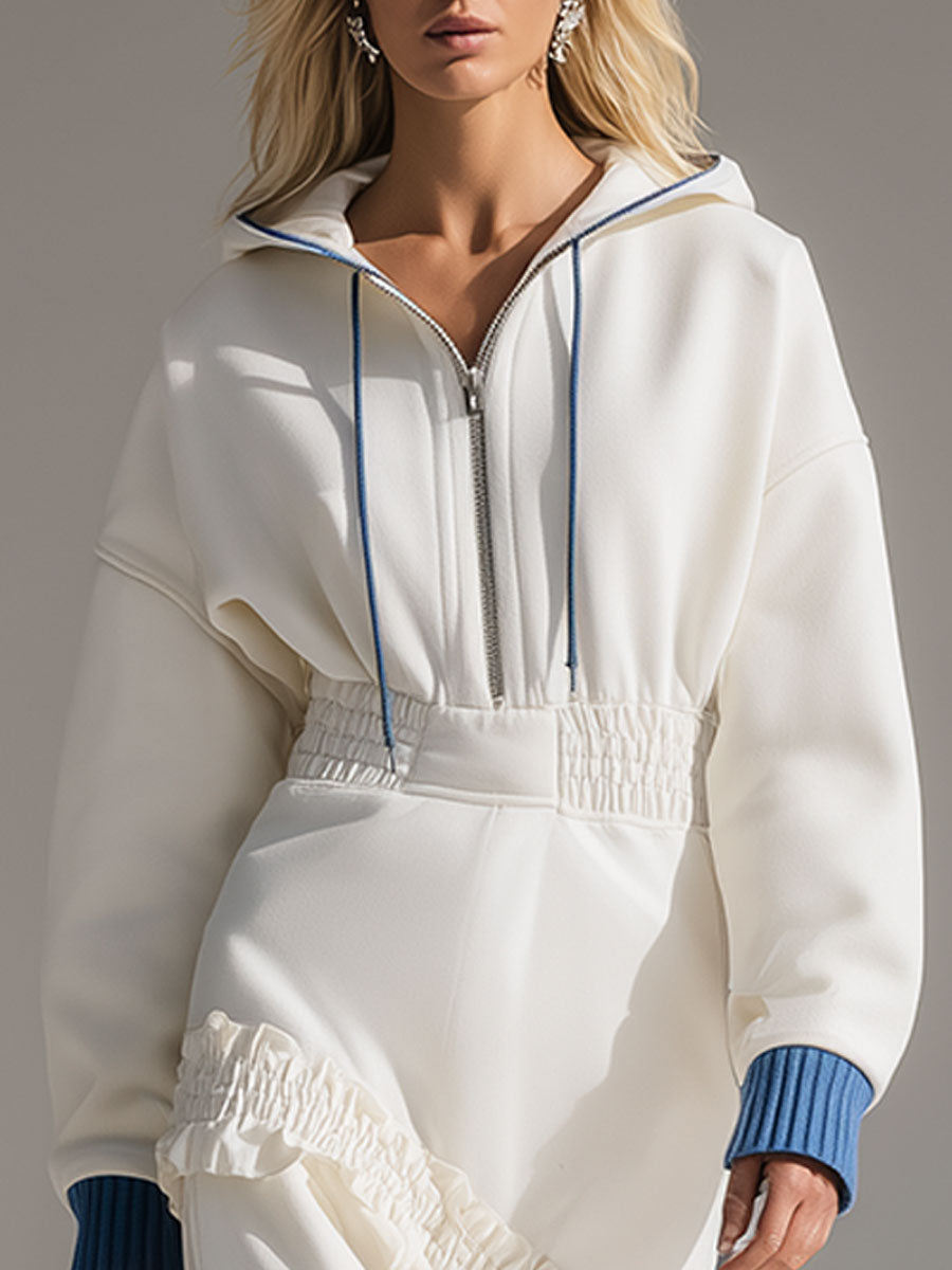 Casual Loose-fitting White Hooded Ruffled Cotton Midi Dress
