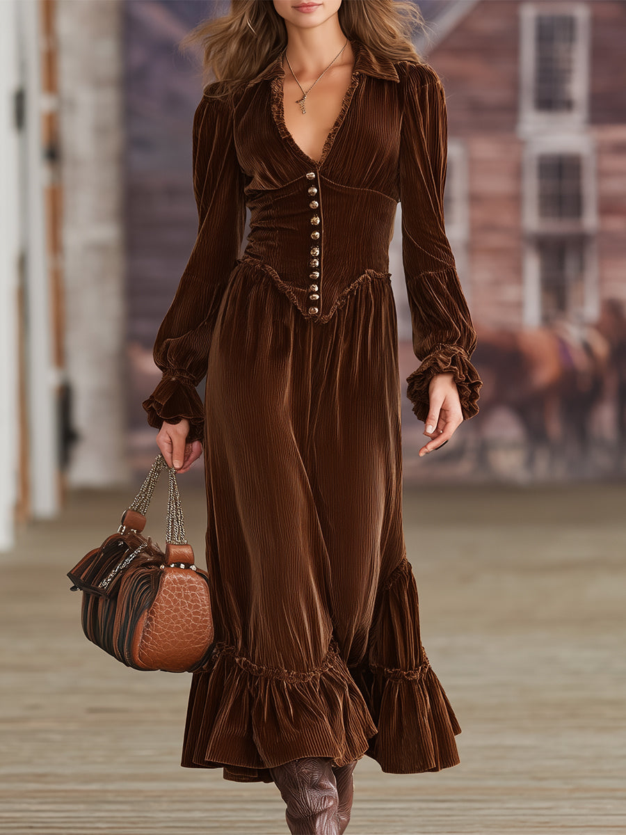Western Brown Corduroy V-neck Ruffle Maxi Dress