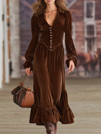 Western Brown Corduroy V-neck Ruffle Maxi Dress