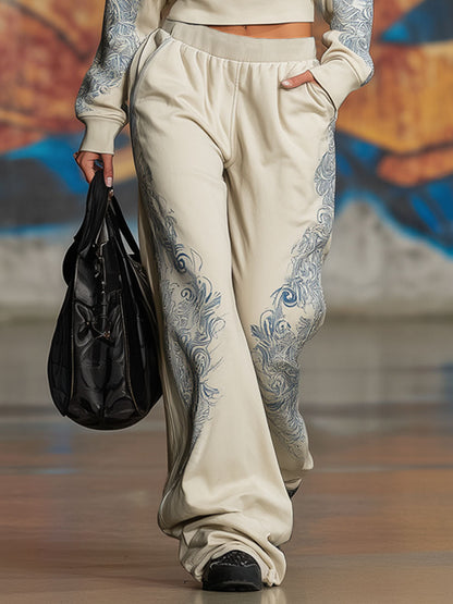 Stand-up Collar Half-zip Butterfly Print Sweatshirt And Wide-leg Pants Set