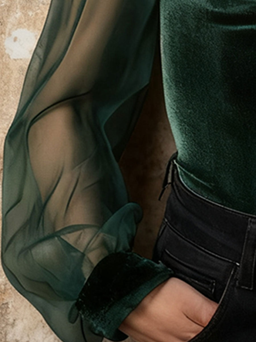 Vintage Green Velvet Sheer Sleeve Shirt