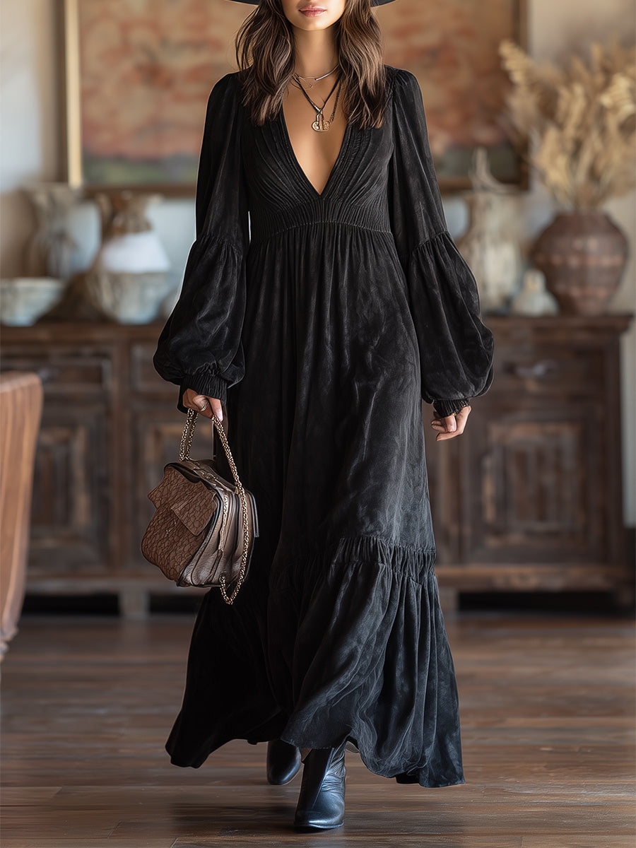 Western Black Faux Suede Textured V-Neck Elastic Maxi Dress