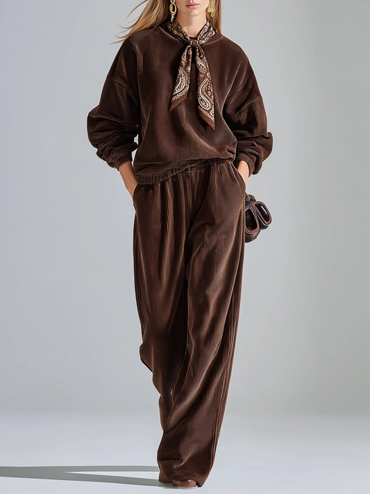 Sporty Casual Solid Color Corduroy Sweatshirt And Wide-leg Pants Set