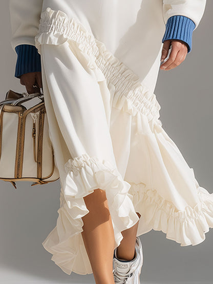 Casual Loose-fitting White Hooded Ruffled Cotton Midi Dress