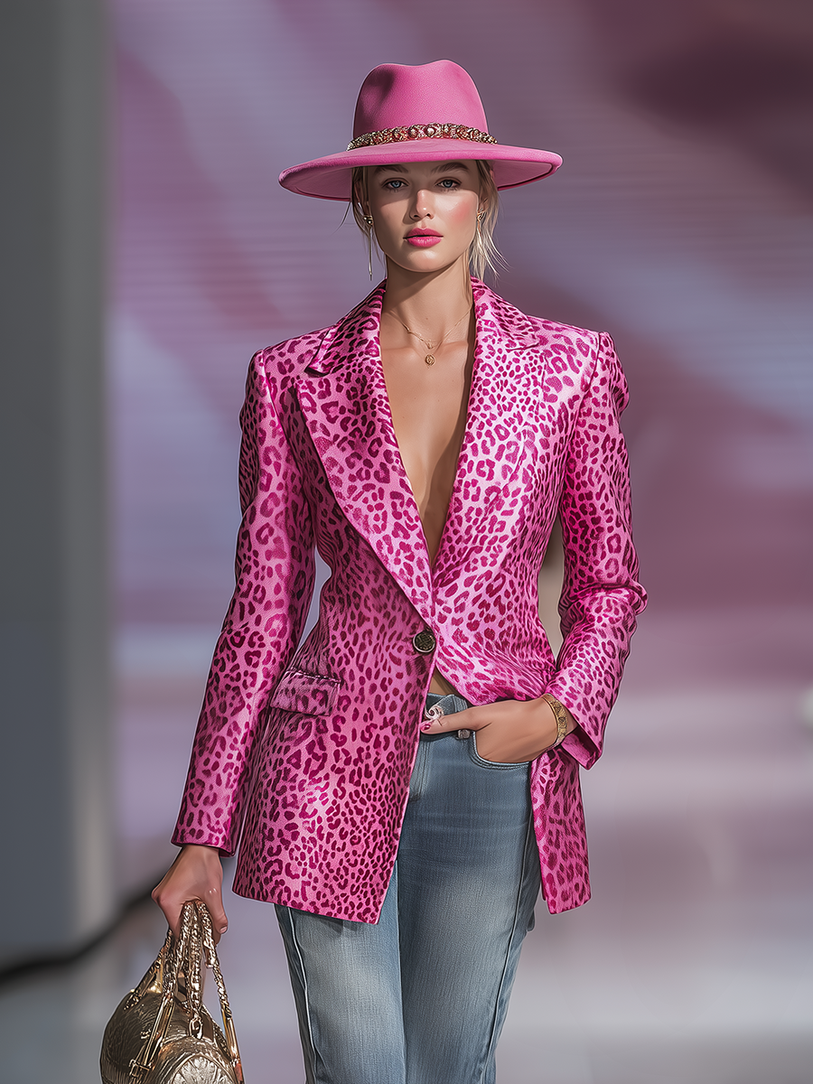 Vintage Leopard Print Single Button Satin Blazer