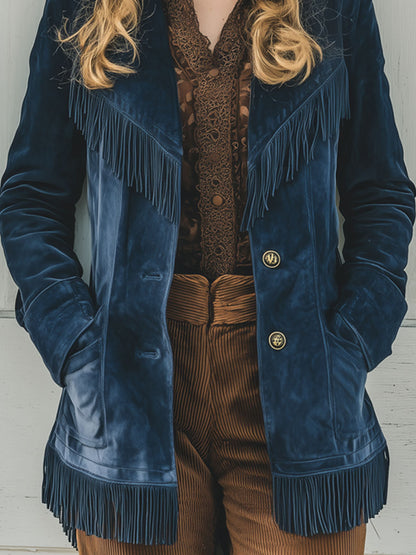 Western Retro Dark Blue Velvet Fringed Suit Jacket