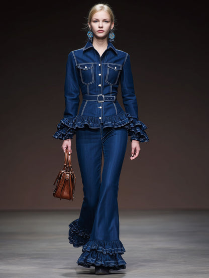 Stylish Retro Ruffled Dark Blue Flared Jeans