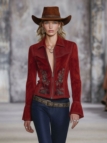 Western-style Lapel Zipper Floral Embroidered Faux Suede Jacket