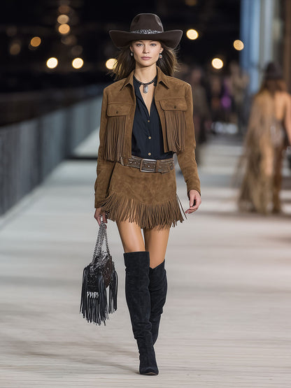 Brown Faux Suede Jacket And Skirt With Fringed Trim Set