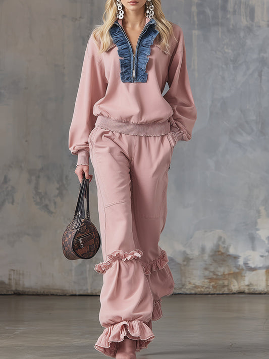 Casual Urban Denim Ruffled Pink Sweatshirt And Wide-leg Pants Tracksuit