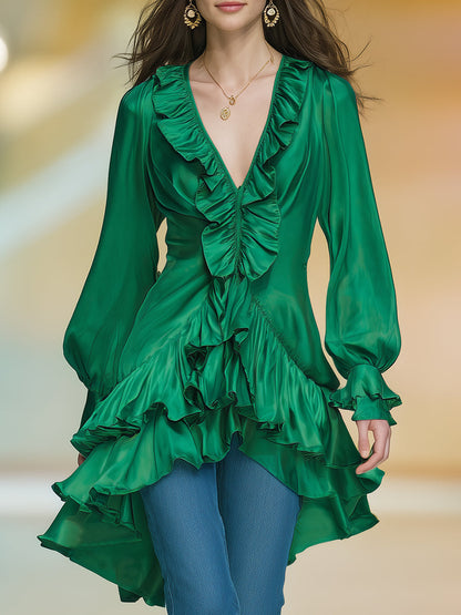 Casual And Stylish Ruffle Trim Green V-neck Satin Mini Dress