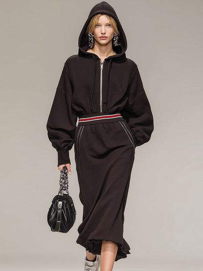 Stylish And Casual Brown Hooded Half-zip Cotton Midi Dress