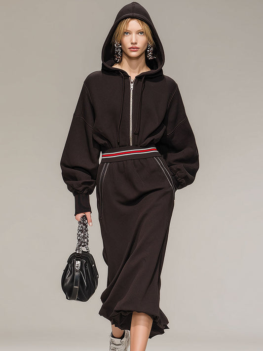 Stylish And Casual Brown Hooded Half-zip Cotton Midi Dress