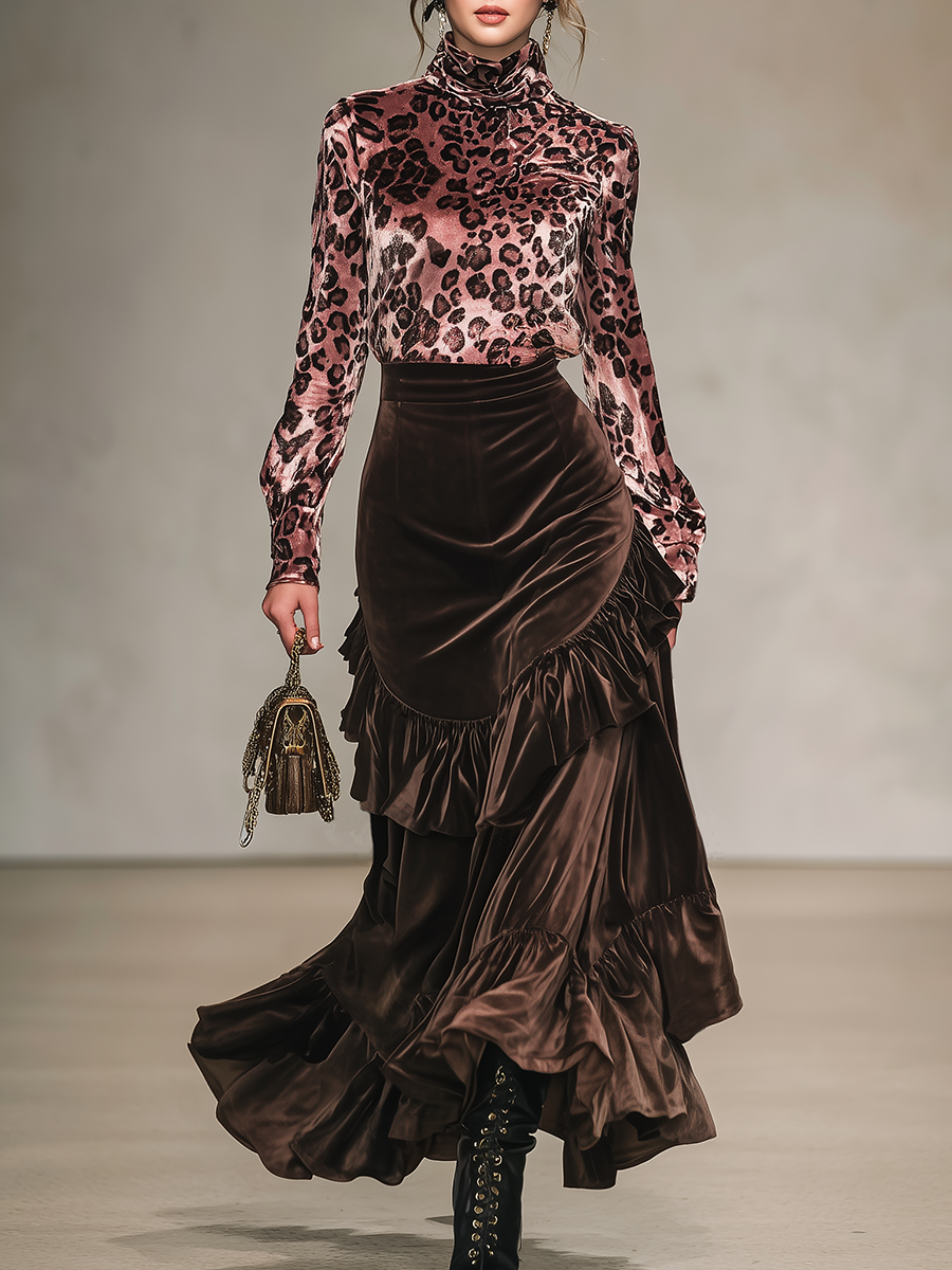 Vintage Leopard Print Stand-up Collar Velvet T-shirt And Ruffled Skirt Set