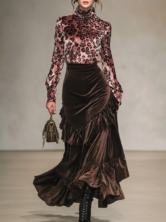 Vintage Leopard Print Stand-up Collar Velvet T-shirt And Ruffled Skirt Set