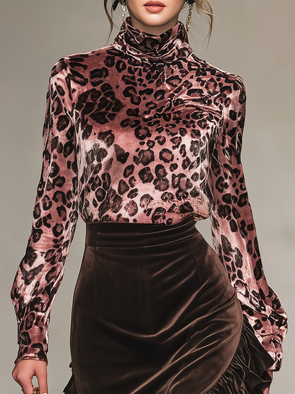 Vintage Leopard Print Stand-up Collar Velvet T-shirt And Ruffled Skirt Set