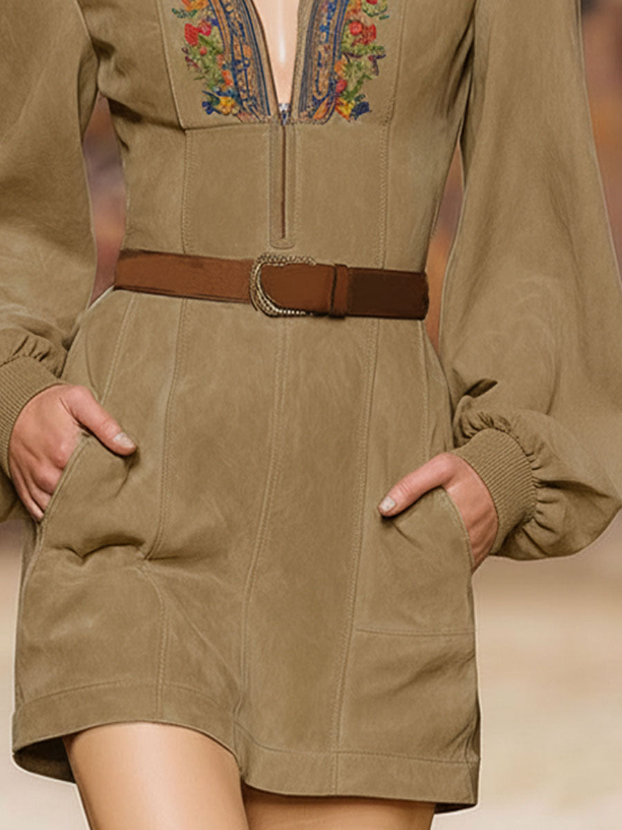 Western-style Floral Embroidered Lapel Zipper Faux Suede Long-sleeved Mini Dress