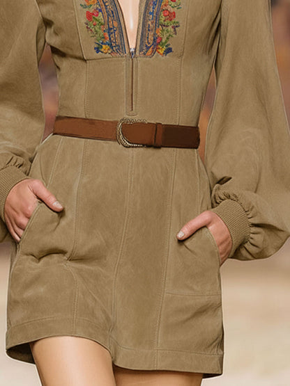 Western-style Floral Embroidered Lapel Zipper Faux Suede Long-sleeved Mini Dress