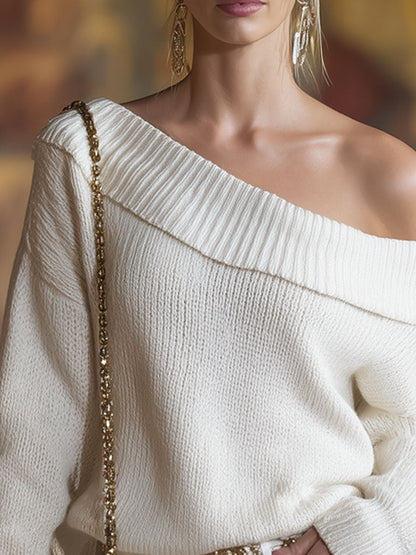 White One-shoulder Long-sleeved Pullover Sweater