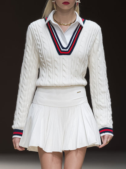 Sporty Retro Striped White Cable Knit Sweater And Pleated Skirt Set