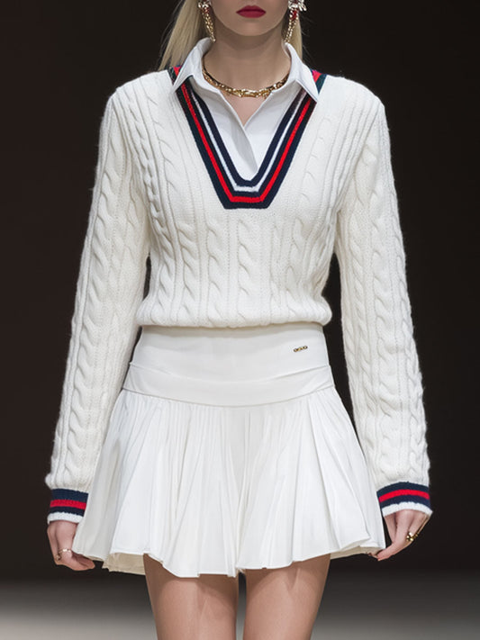 Sporty Retro Striped White Cable Knit Sweater And Pleated Skirt Set