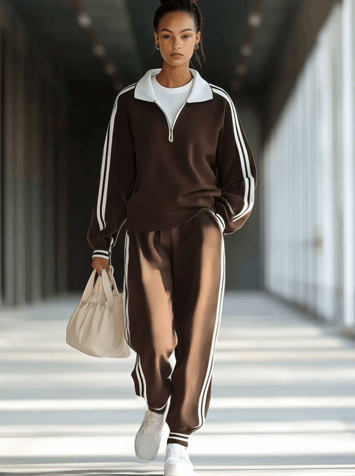 Casual Loose Retro Striped Polo Collar Zipper Sports Sweatshirt Set