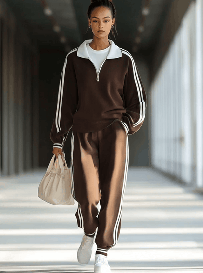 Casual Loose Retro Striped Polo Collar Zipper Sports Sweatshirt Set