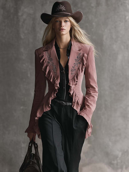 Vintage Western Embroidered Notch Collar Ruffle Trim Pink Suede Jacket