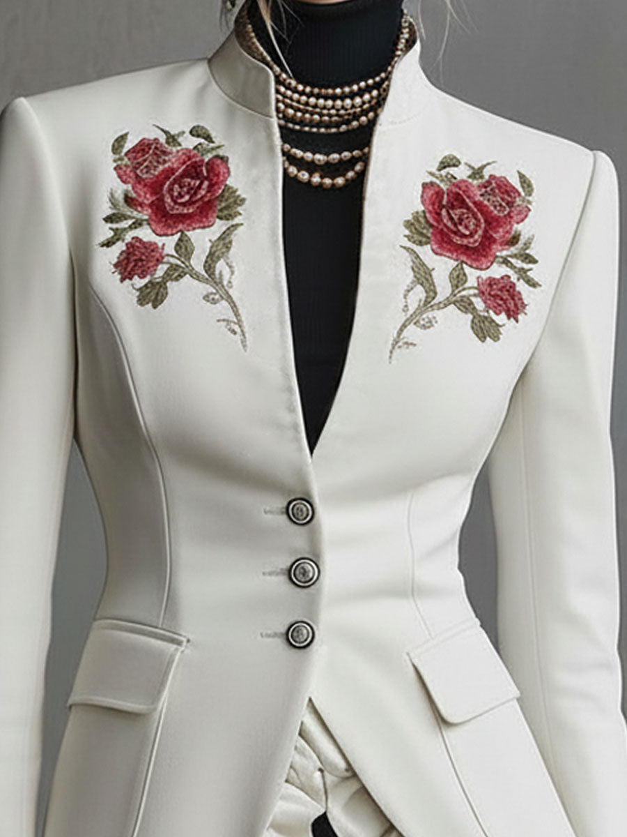 Stand-up Collar Single-breasted Double-pocket Rose-embroidered Woolen Blazer
