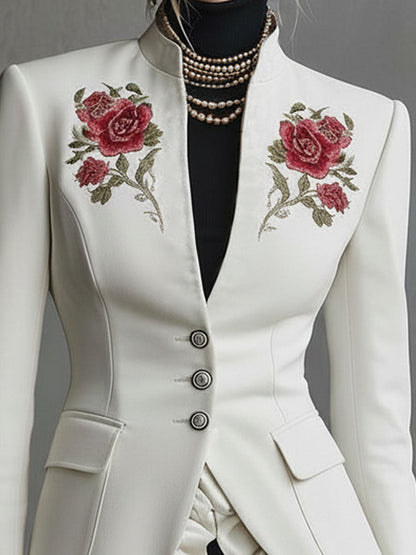 Stand-up Collar Single-breasted Double-pocket Rose-embroidered Woolen Blazer