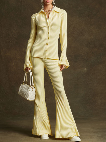 Trendy Retro Pale Yellow Long-sleeved Knit Cardigan And Flared Pants Set