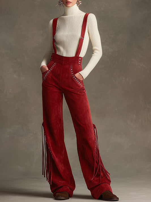 Western Retro Red Faux Suede Studded Tassel Overalls