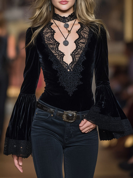 Western Black Velvet Patchwork Lace V-Neck Flared Sleeve Shirt