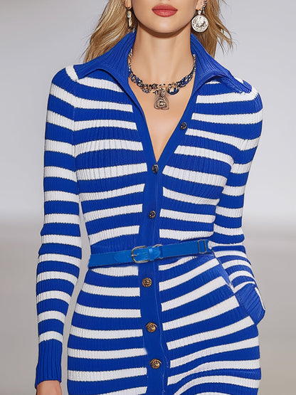 Casual And Stylish Blue And White Striped Button-down Knit Mini Dress
