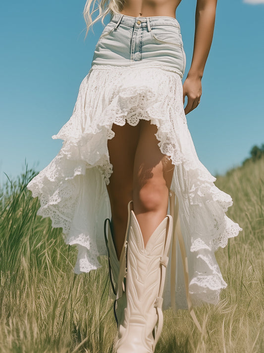 Romantic And Fashionable Short Front And Long Back Lace Patchwork Denim Skirt