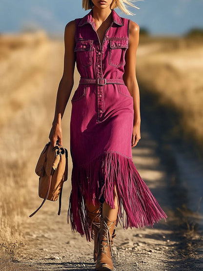 Casual Retro Fuchsia Denim Sleeveless Shirt Tassel Lace-up Midi Dress