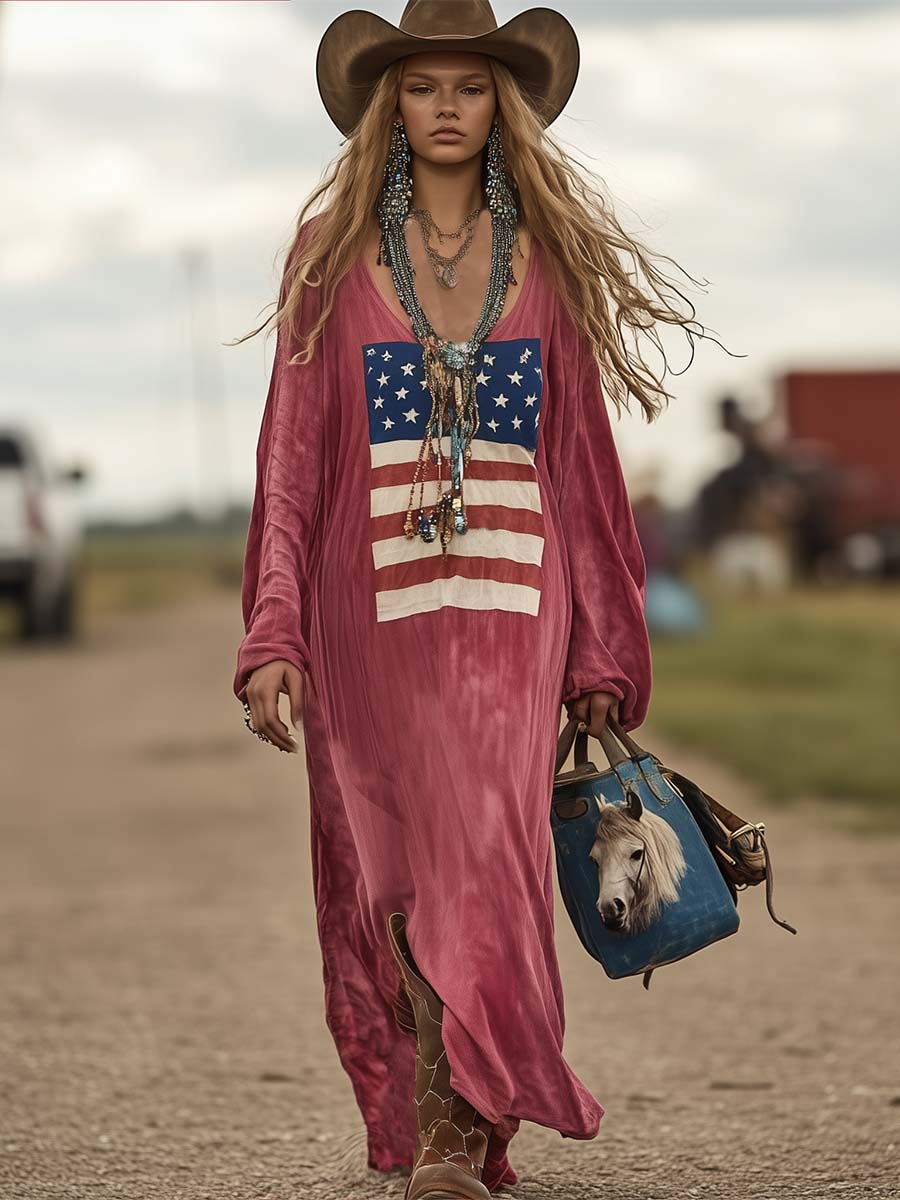 Vintage Casual Western Long Sleeve Flag Print Pink Cotton Loose Maxi Dress