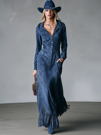 Trendy Retro-style Fringed Blue Faux Suede Hooded Maxi Dress