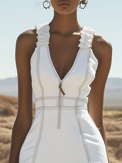 Stylish Casual White Denim Zipper Ruffle Trim Mini Dress