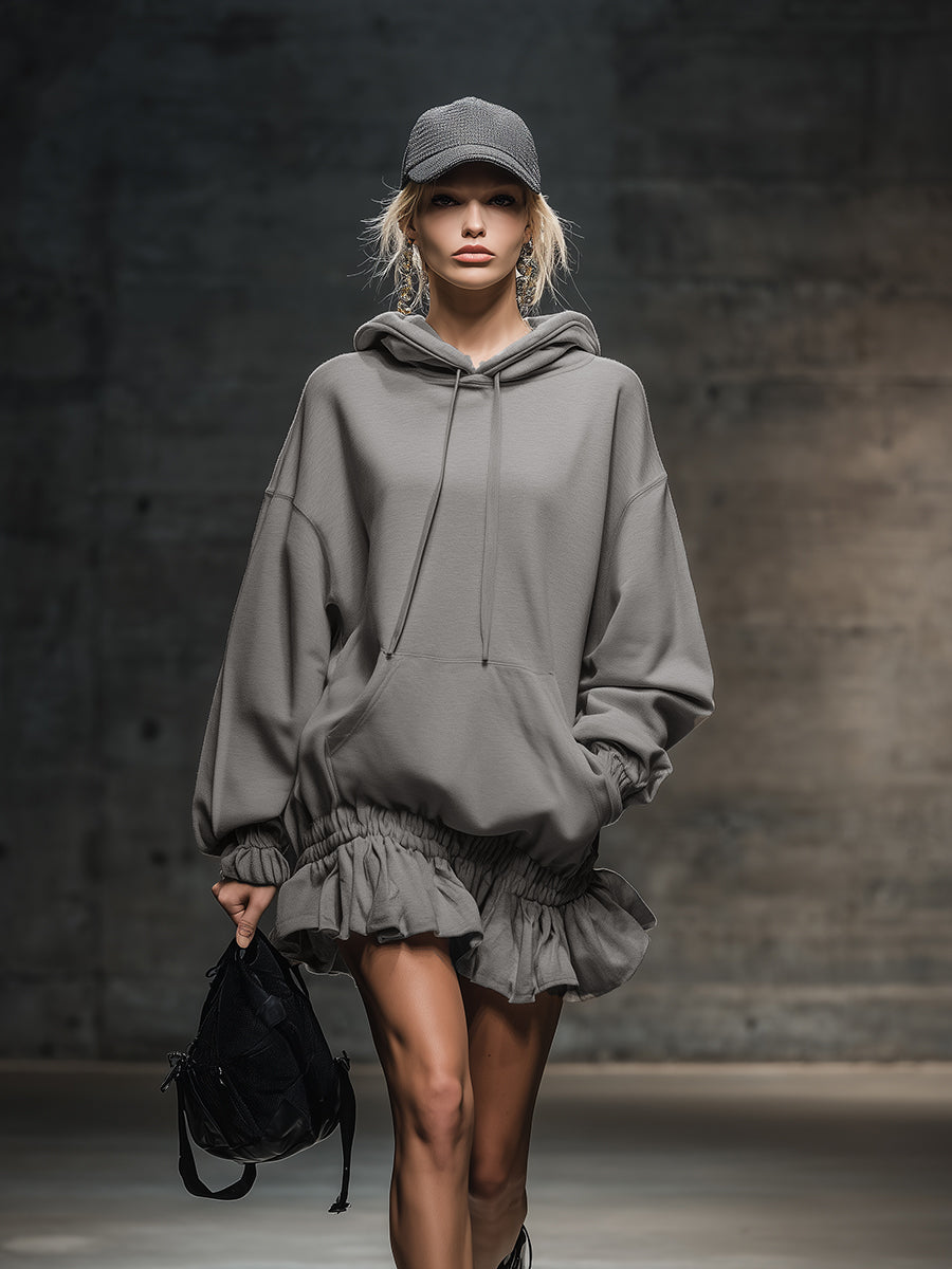 Casual And Fashionable Hooded Elastic Hem Gray Sweatshirt Mini Dress