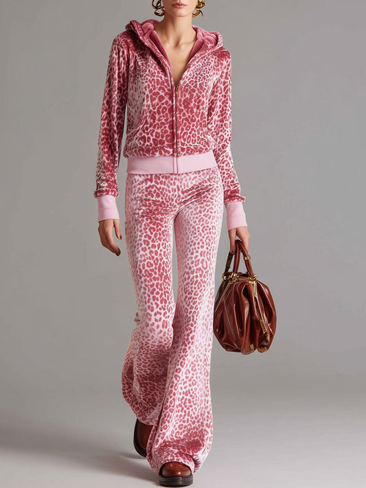 Casual Sporty Retro Pink Leopard Print Velvet Hoodie Flared Pants Set
