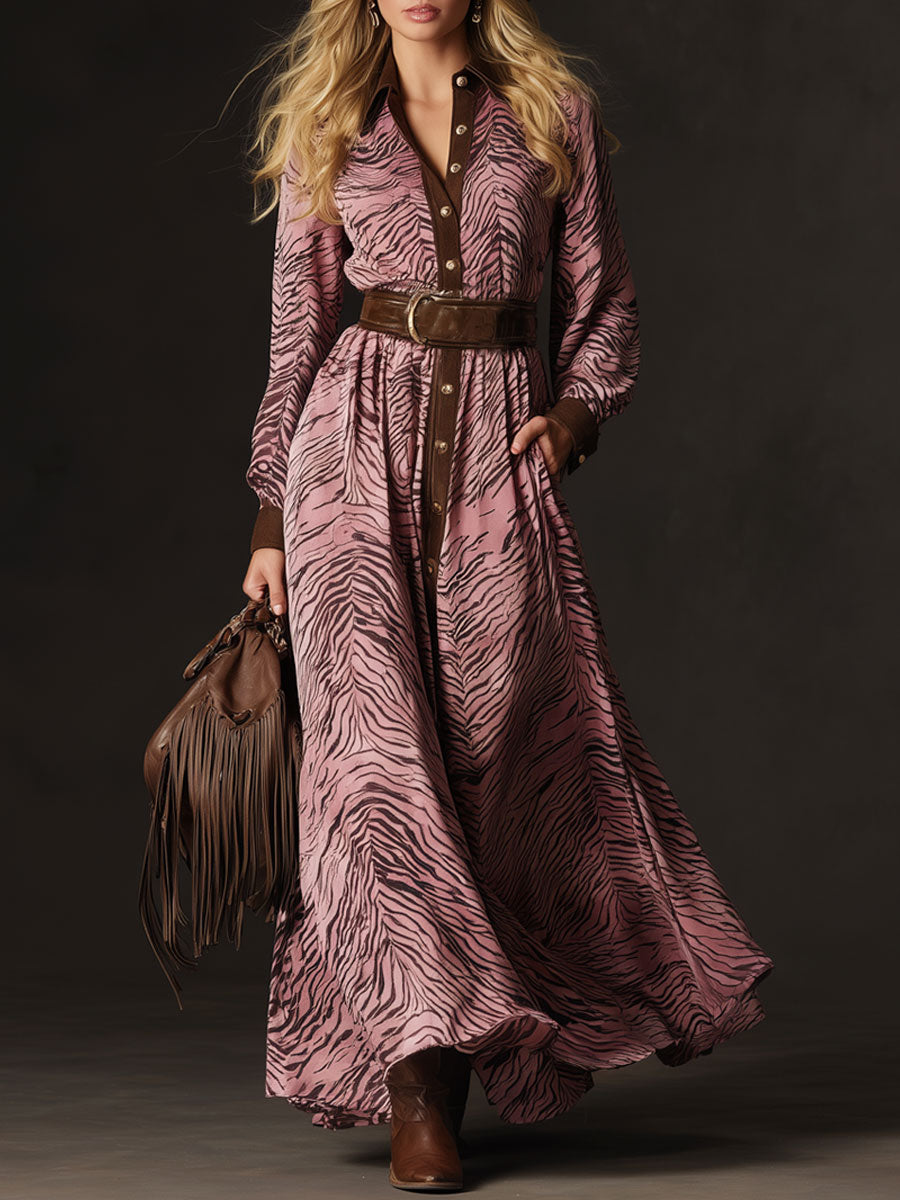 Western Retro Zebra Print Pink Faux Suede Long-Sleeved Maxi Dress