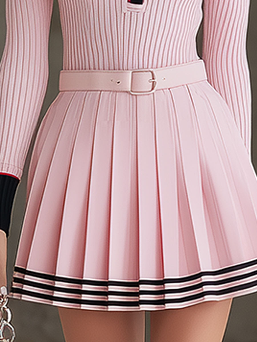 Sporty Retro Black Color-blocked Pink Knit Sweater And Pleated Skirt Set